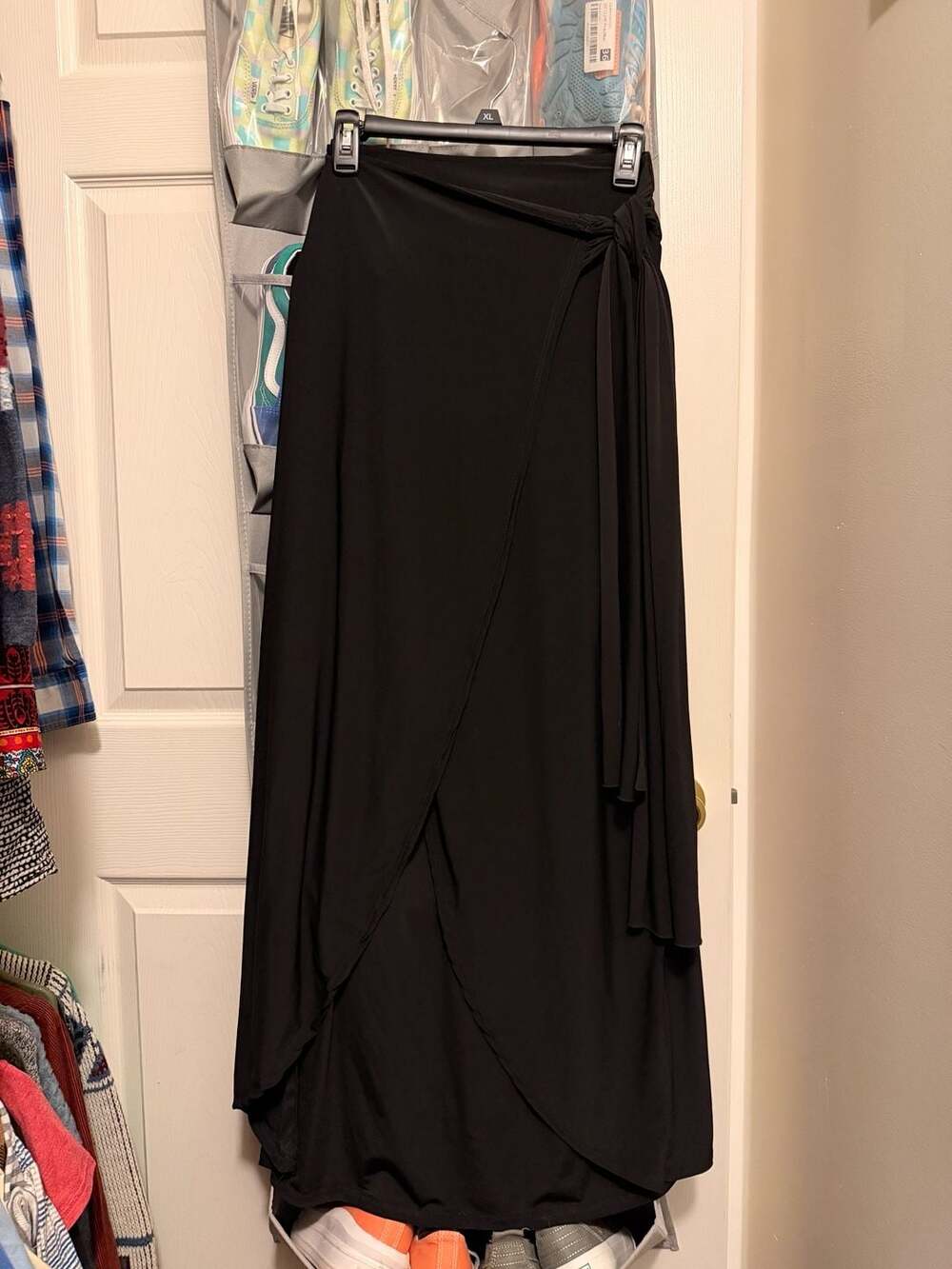 White Birch Black Flowy Maxi Wrap Skirt with Self-Tie Waist Side Slit